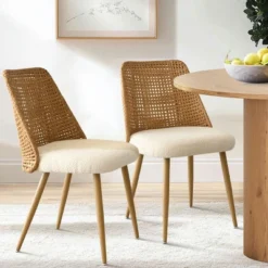 Nice Rattan Dining Chairs,Double Layer Rattan Back,Beige Upholstered Cane Dining Chair,Armless Kitchen Chairs With Bouclé Fabric-Maison Boucle -Baxton Studio Shop GUEST 0037c182 e41d 4101 935d bd4cb62a6e0c