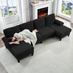 Mjkone 110"U-Shaped Sectional Couches,Chenille Upholstered Large 4-Seater Sofa With Double Chaises And Sleepable Armrests -Baxton Studio Shop GUEST 0066ca42 f291 4aa6 8d76 480c1b5b07ad