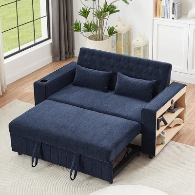 Modern 3-in-1 Pull-Out Sofa Bed With Storage Shelves, USB Ports & Cup Holders, Convertible Sleeper Sofa Couch For Small Spaces - ModernLuxe 1 Modern 3-in-1 Pull-Out Sofa Bed With Storage Shelves, USB Ports & Cup Holders, Convertible Sleeper Sofa Couch For Small Spaces - ModernLuxe