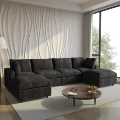 Cloud Couch Modular Sectional Sofa, 134" U Shaped Couch For Livingroom, Oversized Convertible Wide Seater With 2 Ottomans Living Room Set,Black