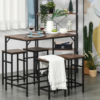 HOMCOM 5-Piece Industrial Dining Table Set, Bar Table & 4 Stools Set, Space Saving For Pub & Kitchen, Black/Brown 1 HOMCOM 5-Piece Industrial Dining Table Set, Bar Table & 4 Stools Set, Space Saving For Pub & Kitchen, Black/Brown