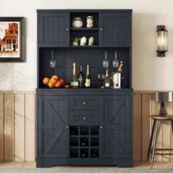 Gulches Timeless Multi Functional Coffee And Wine Bar Cabinet Open Shelves, 9 Grid Bottle Holders, 6 Hooks And Durable Build -Baxton Studio Shop GUEST 033498b6 ff05 428e be8b 0753008e5637