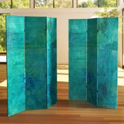 6" Double Sided Water Bird Canvas Room Divider Green - Oriental Furniture