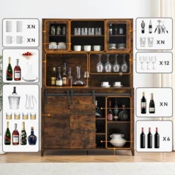 WhizMax 70" Farmhouse Coffee Bar Wine Cabinet With Sliding Barn Doors, Tall Kitchen Hutch With Wine & Glasses Rack, For Kitchen, Dining Room, Oak -Baxton Studio Shop GUEST 044da25d 4af0 4ffe a5b5 8cadf42be62c