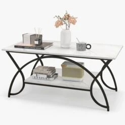 Costway 2-Tier Industrial Coffee Table Rectangular Cocktail Table With Storage Shelf Rustic Brown/Dark Brown/White -Baxton Studio Shop GUEST 044ed087 f463 4b02 8b97 b15756ddad2b