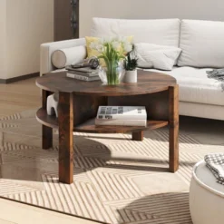 Tangkula Round Coffee Table With 4 Side Compartments 2-Tier Circle Coffee Table