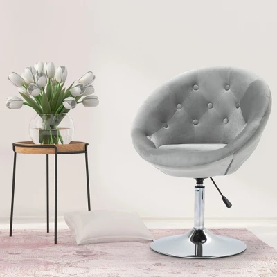 HOMCOM Modern Makeup Vanity Chair Round Tufted Swivel Accent Chair With Chrome Frame Height Adjustable For Living Room 2 HOMCOM Modern Makeup Vanity Chair Round Tufted Swivel Accent Chair With Chrome Frame Height Adjustable For Living Room - Image 2