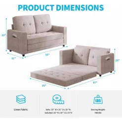 Mjkone Linen Pull Out Floor Sofa Bed, 3-in-1 Loveseat Sleeper Sofa Bed