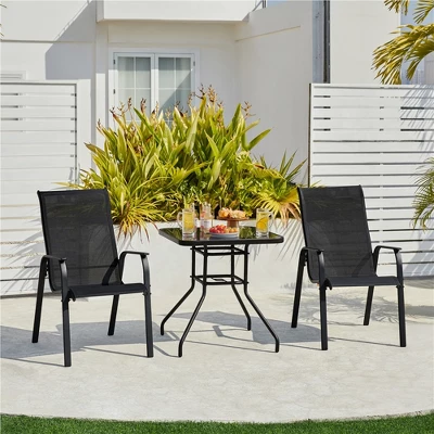 Yaheetech Set Of 2 Outdoor Texteline Stackable Dining Chairs With Backrest/ Armrests For Garden, Lawn, Porch, Backyard Pool 1 Yaheetech Set Of 2 Outdoor Texteline Stackable Dining Chairs With Backrest/ Armrests For Garden, Lawn, Porch, Backyard Pool