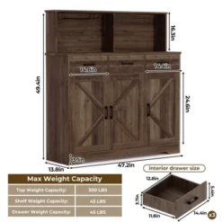 Farmhouse Sideboard Buffet Cabinet With Microwave Stand – Barn Doors, Drawers & Shelves
