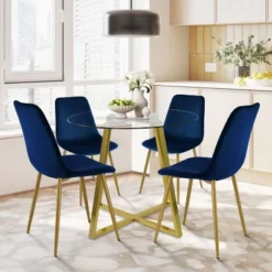 Hana + Bingo 5-Piece Round Clear Glass Dining Table Set With 4 Upholstered Chairs Gold Legs - The Pop Maison -Baxton Studio Shop GUEST 0824f8a5 1598 45ee 9b36 19929c8ccb14