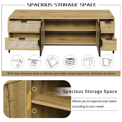 59.09" Elegant Rattan TV Stand With Adjustable Shelves And Wood Grain Finish - ModernLuxe 6 59.09" Elegant Rattan TV Stand With Adjustable Shelves And Wood Grain Finish - ModernLuxe - Image 6