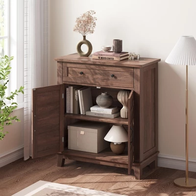 Set Of 2 Rustic Storage Cabinet Adjustable 3-Tier, Farmhouse Entryway Organizer With Slatted Doors, Kitchen Storage Cabinet With Large Drawer 6 Set Of 2 Rustic Storage Cabinet Adjustable 3-Tier, Farmhouse Entryway Organizer With Slatted Doors, Kitchen Storage Cabinet With Large Drawer - Image 6