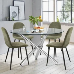 Eileen+Spoon 5-Piece Silver Round Clear Glass Dining Table Set With 4 Upholstered Chairs With Metal Legs -The Pop Maison -Baxton Studio Shop GUEST 0ab6cfad 47ee 419b 9ef0 62e629aa8ddf