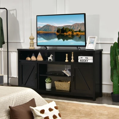 Costway 59'' TV Stand Media Center Console Cabinet W/ Barn Door For TV's 65'' NaturalBlackCoffee 2 Costway 59'' TV Stand Media Center Console Cabinet W/ Barn Door For TV's 65'' NaturalBlackCoffee - Image 2