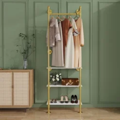 Artloge Heavy Duty Industrial Pipe Clothing Rack Garment Stand Hanging Rod Shelf Wardrobe Closet Organizer With 3 Tier White Shelves -Baxton Studio Shop GUEST 0bb3516d 33c8 4904 a625 25aa8d05fbd8