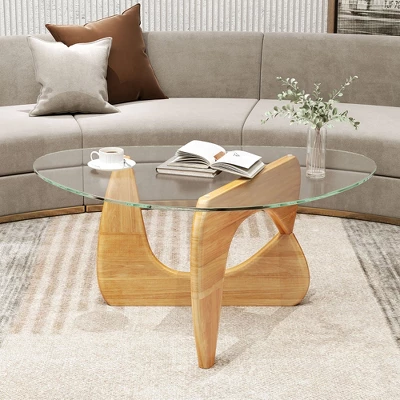 Tangkula Triangle Coffee Table W/ Tempered Glass Top & Adjustable Rubber Wood Base 1 Tangkula Triangle Coffee Table W/ Tempered Glass Top & Adjustable Rubber Wood Base