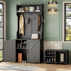 TIRAMISUBEST Farmhouse 4-in-1 Hall Tree With Barn Doors - Black Entryway Organizer With Storage