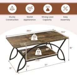 Costway 2-Tier Industrial Coffee Table Rectangular Cocktail Table With Storage Shelf Rustic Brown/Dark Brown/White