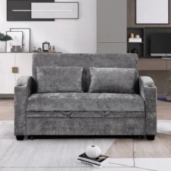 61.4" Pull Out Chenille Loveseat Sofa Bed With Adjustable Backrest, USB Ports, Cup Holders And Pillows -Baxton Studio Shop GUEST 0daa25ba aef0 41d7 ab91 3679b9d74f03