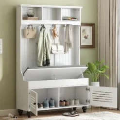 Acekool Hall Tree With Storage, Entryway Bench, Coat Rack, Shoe Cabinet & 4 Hooks, Cushioned Mudroom Organizer, 47.2"W White -Baxton Studio Shop GUEST 0e1a8fc3 e343 40f9 9181 5a49ee130ca3