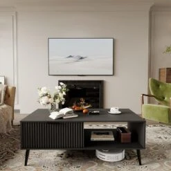 2-Tiers Coffee Table, 41.34''L Farmhouse Coffee Tables With Storage And Sliding Wave Pattern Door, Modren Tea Table, Wood