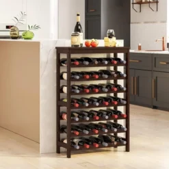 SONGMICS 42-Bottle Wine Rack Free Standing Floor, 7-Tier Display Wine Storage Shelves With Table Top, Bamboo Wobble-Free Bottle Holder