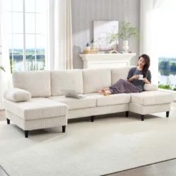 Mjkone 110" U-Shaped Sectional Sofa Couches With Double Chaises And Sleepable Armrests,Corduroy Upholstered 4-Seater Sofa