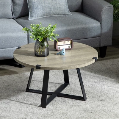 HOMCOM Round Coffee Table, Accent Center Table Steel Legs Living Room Furniture, Wooden Coffee Table, Light Gray 2 HOMCOM Round Coffee Table, Accent Center Table Steel Legs Living Room Furniture, Wooden Coffee Table, Light Gray - Image 2