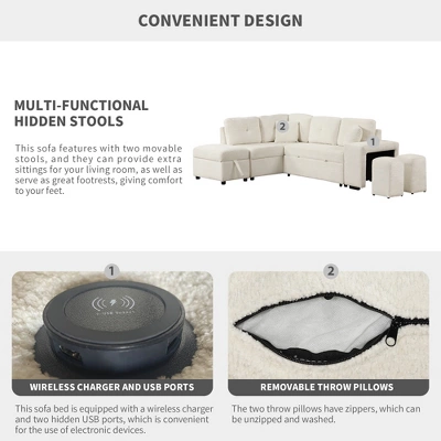 87.7" Convertible Pull Out Sleeper Sofa Bed With Storage Ottoman, 2 Stools, Wireless Charger And USB Ports 4M-ModernLuxe 4 87.7" Convertible Pull Out Sleeper Sofa Bed With Storage Ottoman, 2 Stools, Wireless Charger And USB Ports 4M-ModernLuxe - Image 4