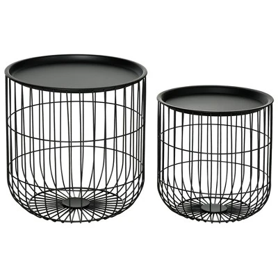 HOMCOM Nesting Tables, Round Coffee Table Set Of 2 With Steel Wired Basket Body And Removable Top, Stacking Tables For Living Room, Black 3 HOMCOM Nesting Tables, Round Coffee Table Set Of 2 With Steel Wired Basket Body And Removable Top, Stacking Tables For Living Room, Black - Image 3