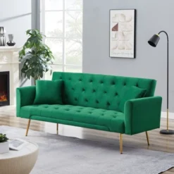 MYINDA Velvet Futon Reclining Sofa Bed With 2 Pillows For Living Room, Convertible 3 Adjustable Sofa For Small Spaces,Green
