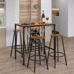 Costway 5PCS Bar Table & Stools Set Industrial Bistro Set With Wine Rack & Glass Holder