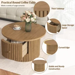 Round Coffee Table With Storage, 30.5" Wooden Center Table With Drawer, Accent Cocktail End Table For Living Room Bedroom Office -Baxton Studio Shop GUEST 12399b29 674b 4340 b9cb 2be0eff2d549