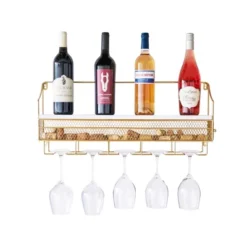 Twine Gold Wall Mounted Wine Rack, Holds 8 Standard Wine Bottles, Wood And Cast Iron, Cork Storage, Holds 5 Wine Glasses, Gold Finish -Baxton Studio Shop GUEST 12ffaea0 3263 4019 acf3 b22f0a3be3f6