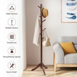 Costway Wooden Coat Rack Stand Entryway Hall Tree 2 Adjustable Height W/ 8 Hooks GrayBrown -Baxton Studio Shop GUEST 1325f5c1 0a2a 4b49 bec5 742feaa3a17a