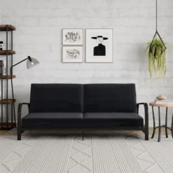 RealRooms Karli Black Metal Arm Futon Frame With 6" Blue Mattress And Extra Black Slipcover -Baxton Studio Shop GUEST 13288e00 364f 49bd abff ea0d9921e6c3