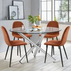 Eileen+Spoon 5-Piece Silver Round Clear Glass Dining Table Set With 4 Upholstered Chairs With Metal Legs -The Pop Maison -Baxton Studio Shop GUEST 13fa2f6e 2acf 4065 a5f7 19ac248f8b5a