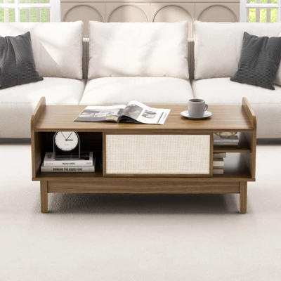 Costway Coffee Table Mid Century Modern Coffee Table With Storage Weaving Rattan Sliding Doors Adjustable Shelf 2 Costway Coffee Table Mid Century Modern Coffee Table With Storage Weaving Rattan Sliding Doors Adjustable Shelf - Image 2