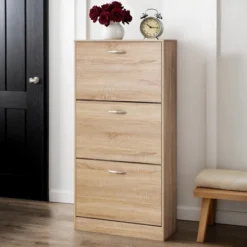 VANIRROR 3-Drawer Shoe Storage Cabinet, 3-Tier Wood Shoe Rack Storage Organizer For Entryway