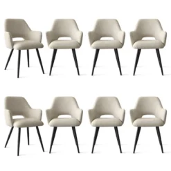 Set Of 8 Modern Dining Chairs With Armrests, Upholstered Dining Room Chairs With Black Metal Legs, Comfortable Seats For Kitchen & Home-Maison Boucle