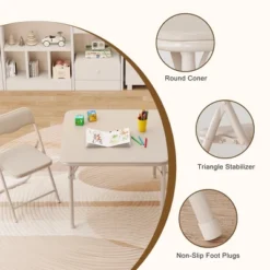 Garvee 3-Piece Boys And Girls Folding Set, Table And Chairs W/PU Cushion, No Assembly, For Eating/Reading/Playing, Beige