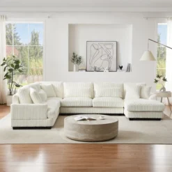 129" Oversized Sectional Sofa U-shaped Sofa Couch Modern Sofa Upholstered In Soft Corduroy With A Chaise Lounge For Living Room, Beige -Baxton Studio Shop GUEST 150045c7 9d17 44d0 81f9 7cf234d969d1