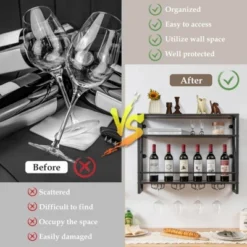 MOEPISY 3 Tiers Industrial Wall Mounted Wine Rack With Glass Holder And Metal Frame -Baxton Studio Shop GUEST 154c5359 e7d0 4b59 bfe4 aceaf4ee08b5