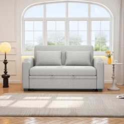 61.4" Pull Out Chenille Loveseat Sofa Bed With Adjustable Backrest, USB Ports, Cup Holders And Pillows -Baxton Studio Shop GUEST 156d8c9d bacd 4dc3 9933 518c3cf203ee