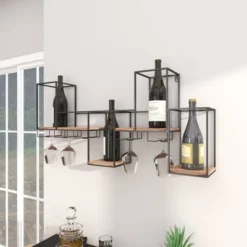 Metal Geometric 7 Bottle Wall Wine Rack With 5 Glass Holder Slots Black - Olivia & May -Baxton Studio Shop GUEST 15765207 9caf 4d51 a272 0b095818e2c7