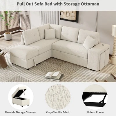 87.7" Convertible Pull Out Sleeper Sofa Bed With Storage Ottoman, 2 Stools, Wireless Charger And USB Ports 4M-ModernLuxe 5 87.7" Convertible Pull Out Sleeper Sofa Bed With Storage Ottoman, 2 Stools, Wireless Charger And USB Ports 4M-ModernLuxe - Image 5