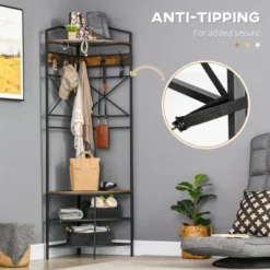 HOMCOM Industrial Corner Hall Tree With Shoe Bench, Entryway Coat Rack, Freestanding Coat Tree With 6 Double Hooks, Rustic Brown -Baxton Studio Shop GUEST 1600e91a 00d0 429c a523 d2505fbe2574