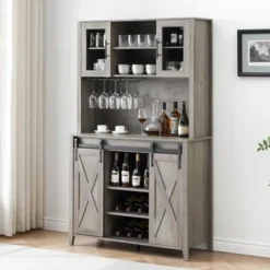 Whizmax 70" Coffee Bar, Liquor Cabinet, Sliding Barn Door Buffet With Wine Rack, Storage Shelves For Kitchen, Dining Room, Tall Storage Cabinet -Baxton Studio Shop GUEST 16534901 0475 41ef 8b94 c34feb7579ee
