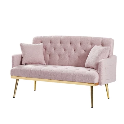 2-Seater Teddy Fabric Sofa With Tufted Back And Seat, 2 Pillows And Gold Metal Legs For Living Room 2 2-Seater Teddy Fabric Sofa With Tufted Back And Seat, 2 Pillows And Gold Metal Legs For Living Room - Image 2
